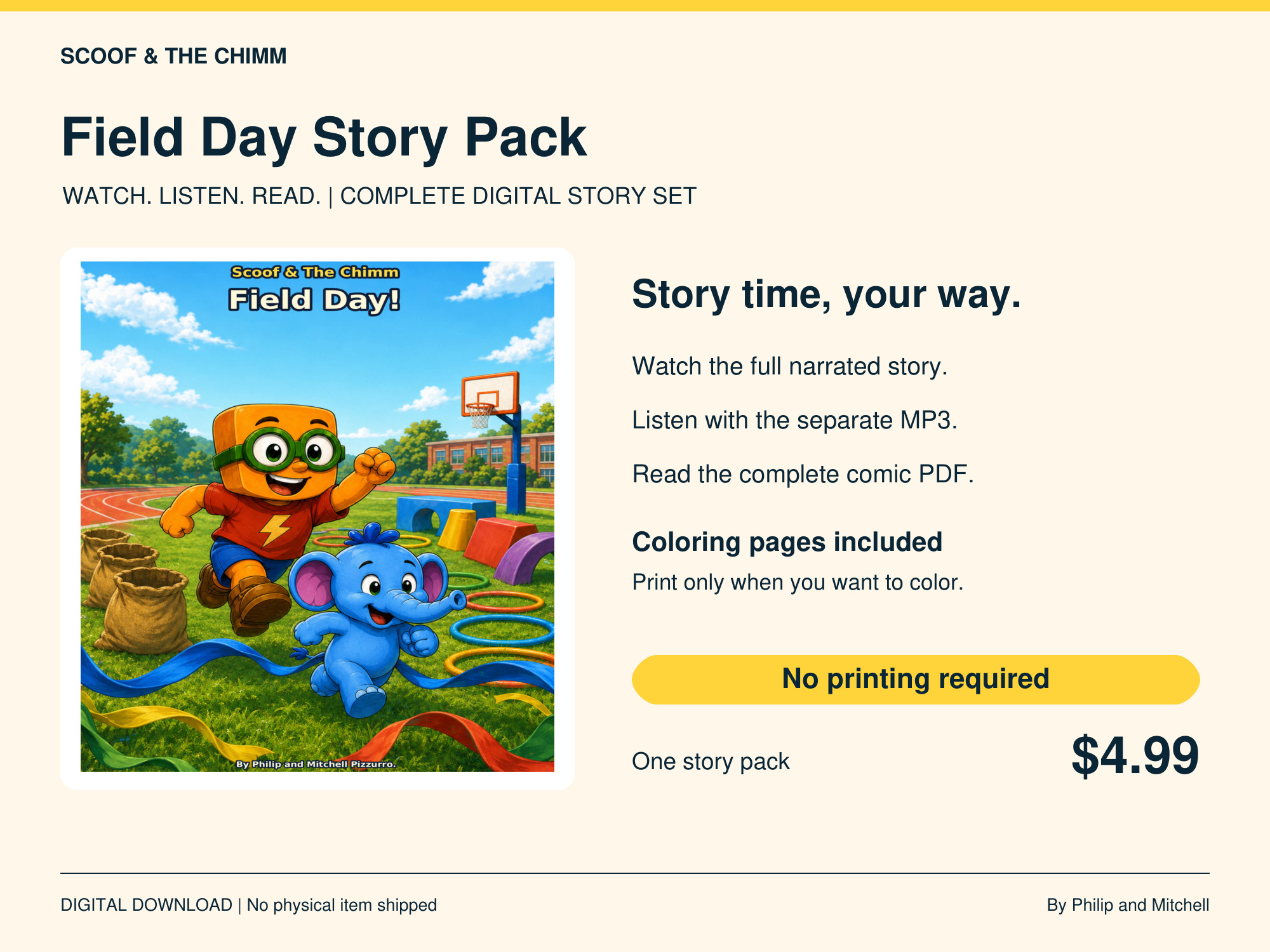 Field Day Story Pack with narrated video, audio, comic and optional coloring pages
