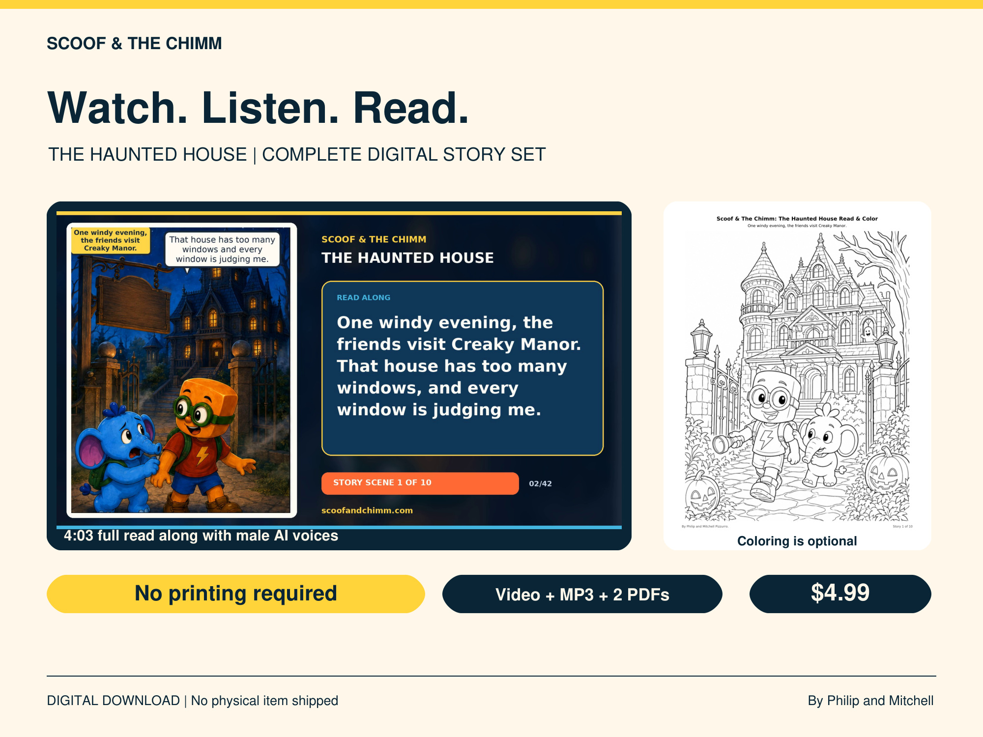 The Haunted House narrated read along, audio, color comic and optional coloring pack